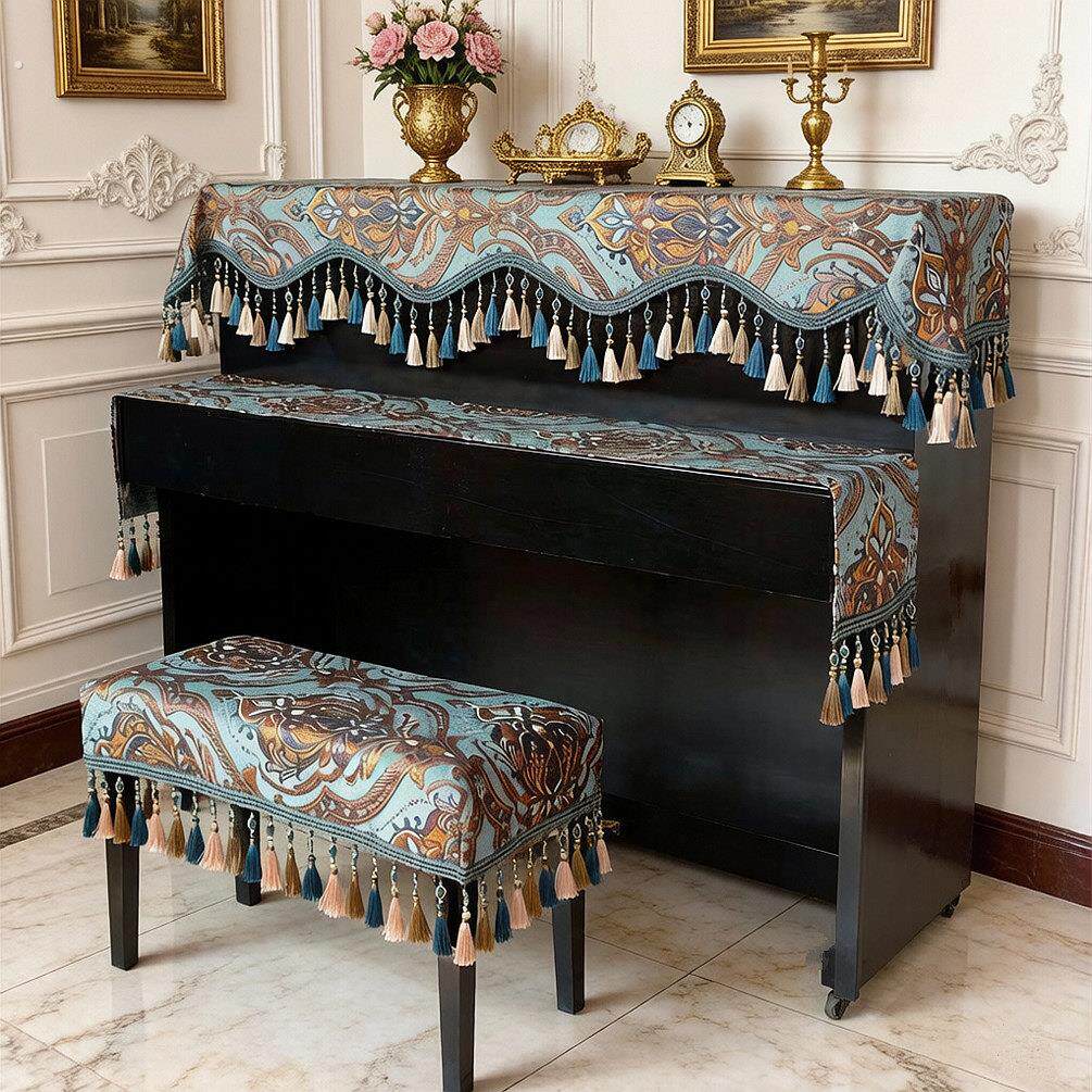 钢琴罩半罩蓝色欧式钢琴防尘罩盖布美式古典钢琴套高档轻奢琴凳罩