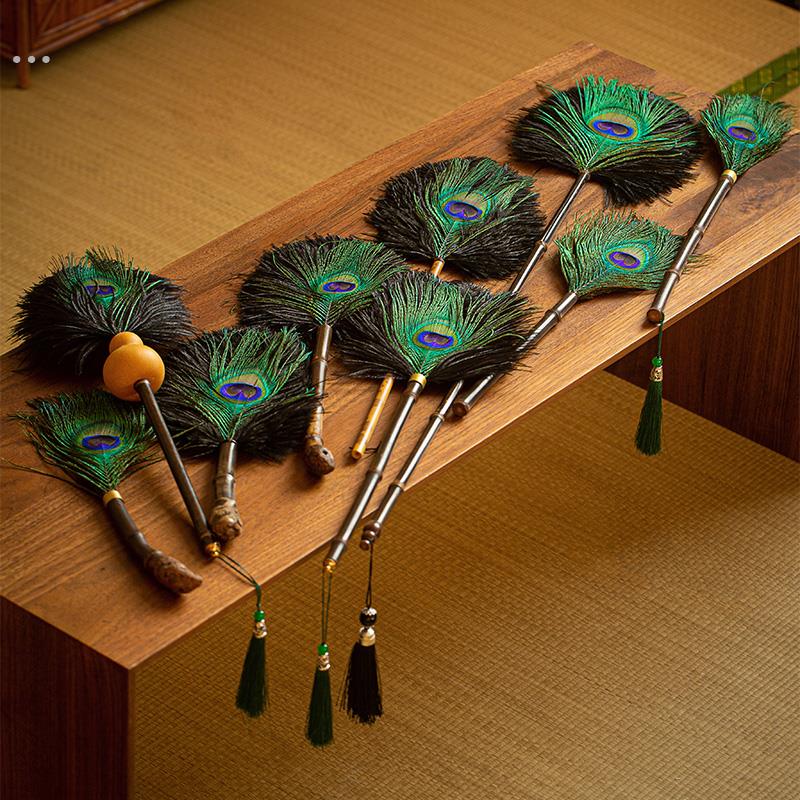 孔雀羽毛除尘掸紫竹根鸵鸟毛扫灰茶室家用神器装饰鸡毛掸禅子吸尘