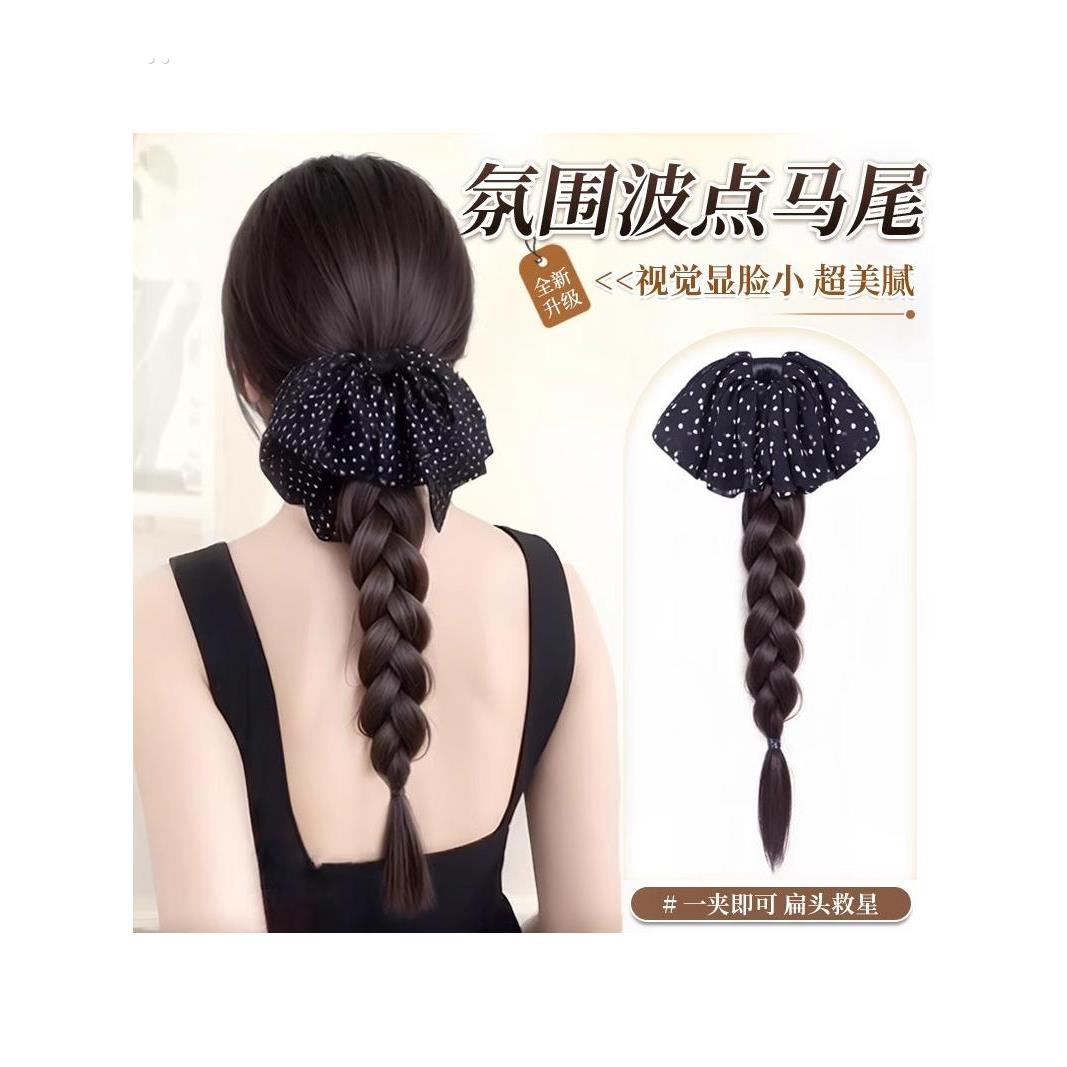 假发辫子发夹头后大肠头发环扭辫子低领带长马尾波尔卡点蝴蝶结发