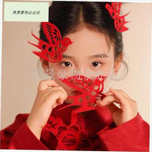 儿童新中式新年红色剪纸头饰喜鹊国风H古风汉服发饰发簪发夹写真.