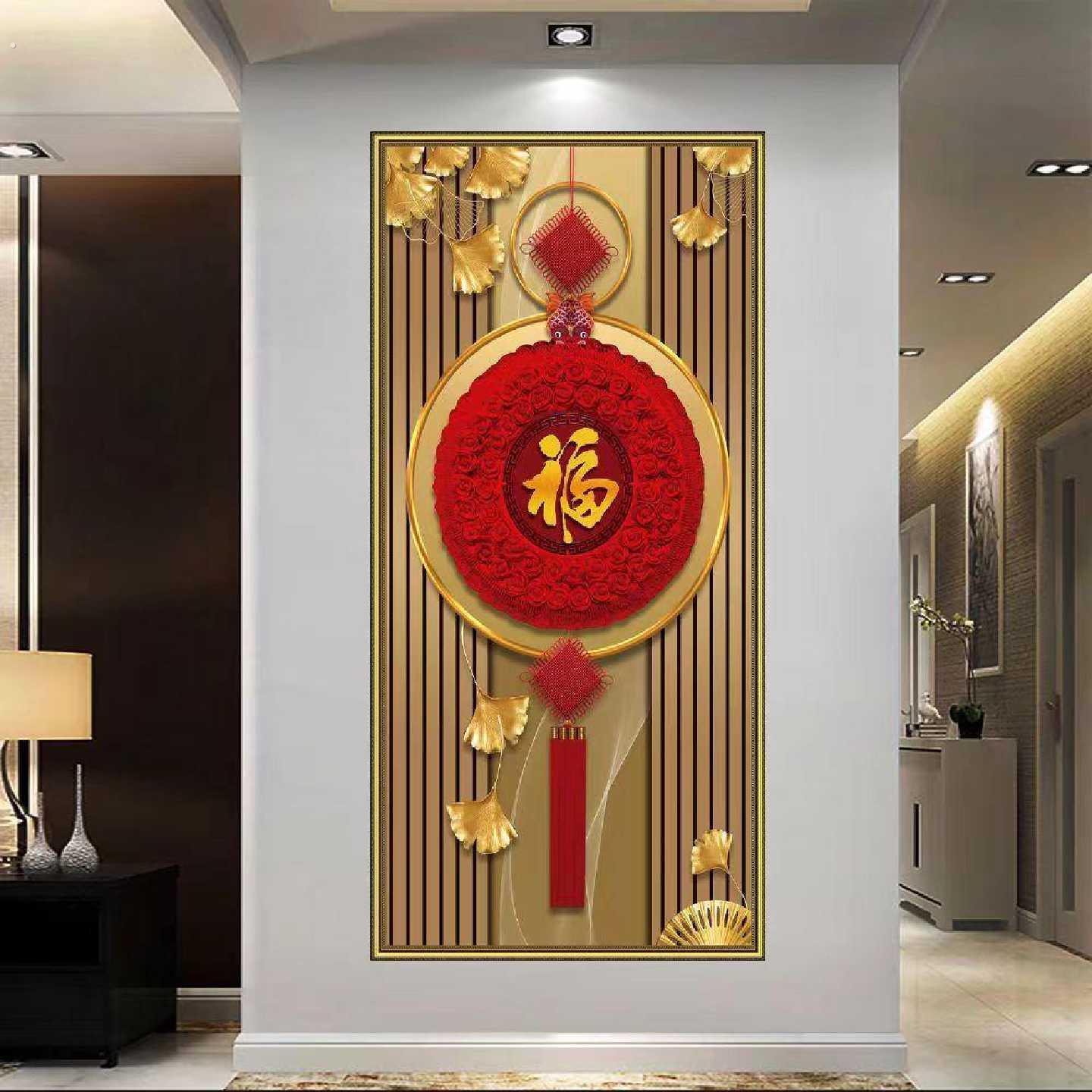 新年款鸿福竖款玄关装饰画自粘画中式福到房门过道楼梯自粘贴画