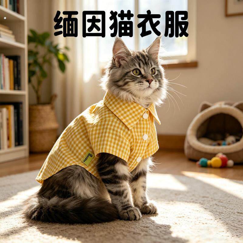缅因猫衣服春夏薄款透气专用猫咪格子衬衣防掉毛防尘宠物用品服饰