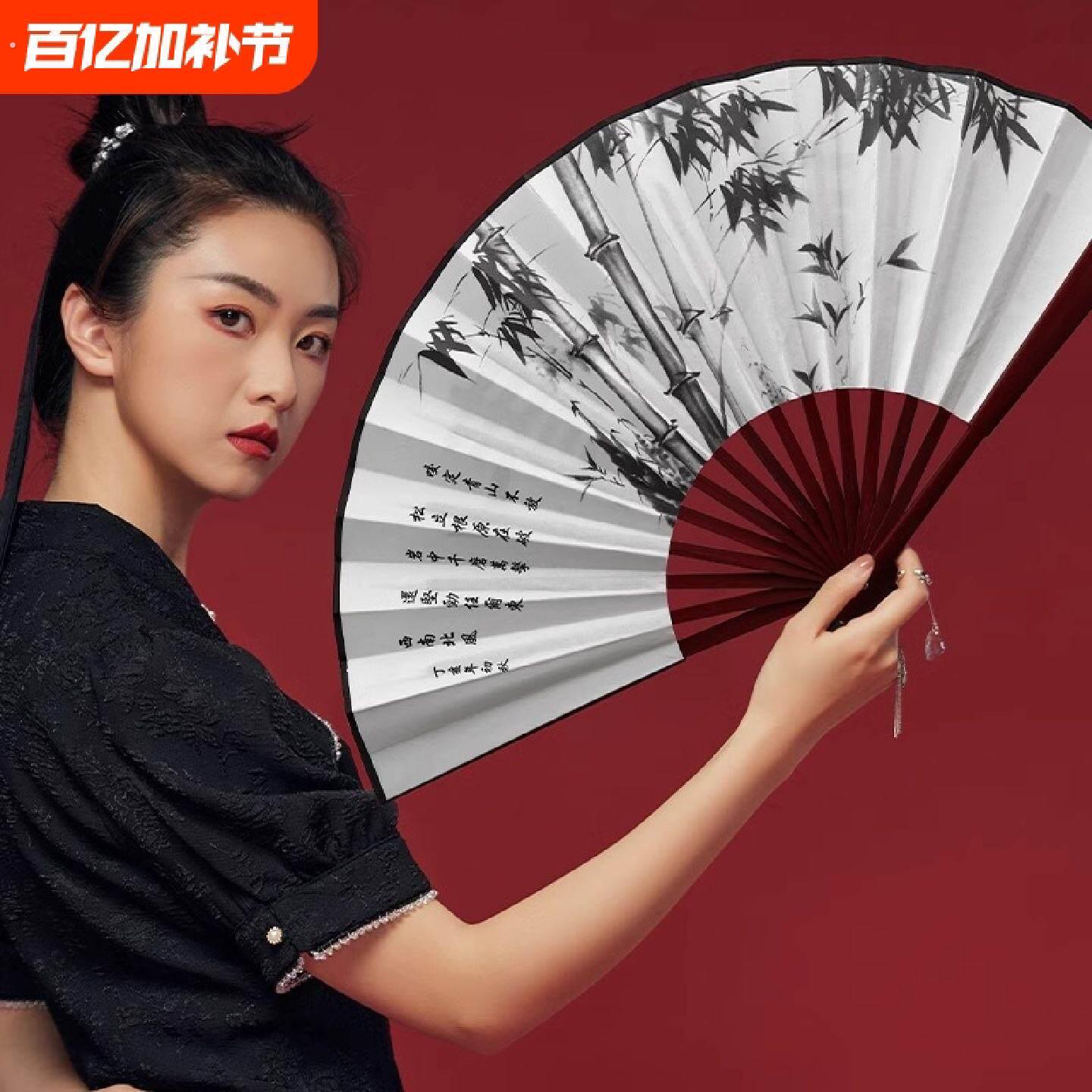 10寸古风扇子折扇中国风男士款绢布折叠夏天竹扇随身耐用手工扇面