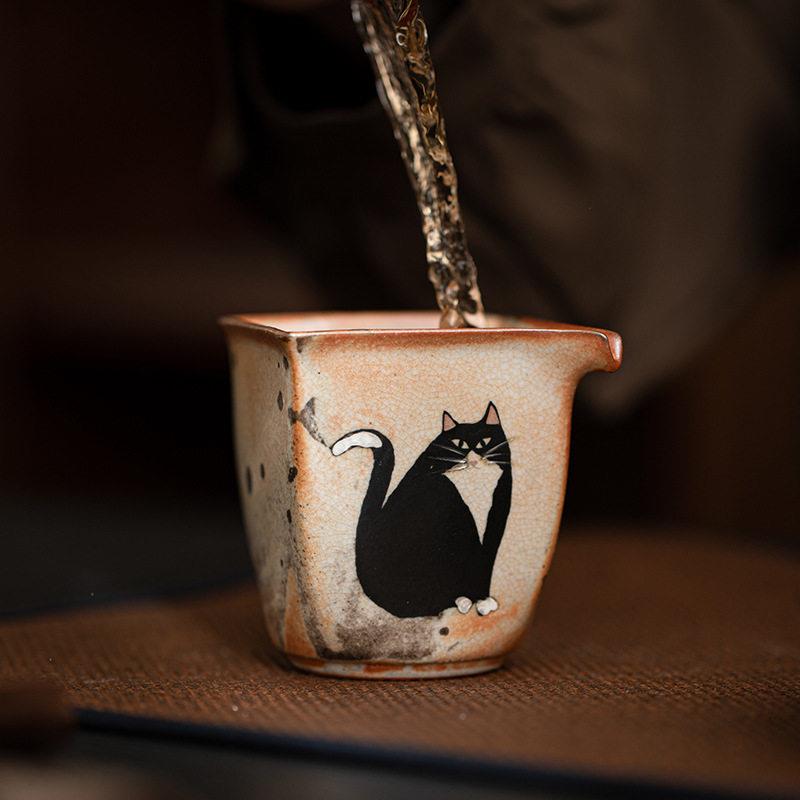 创意志野茶猫来日财公道杯XSK式四功夫茶具手工鎏银匀茶杯方海分
