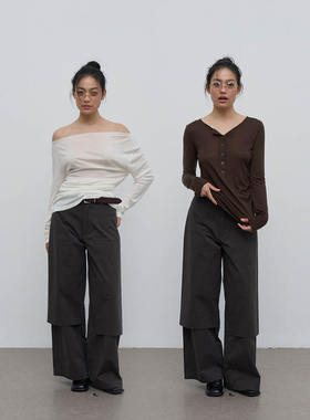 Rebornique 2025夏季百搭假两件精纺棉拼接长裤廓形宽松直筒裤