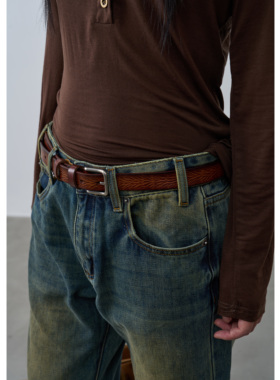 Rebornique 韩版复古休闲头层牛皮皮带女 做旧感细针扣腰带百搭