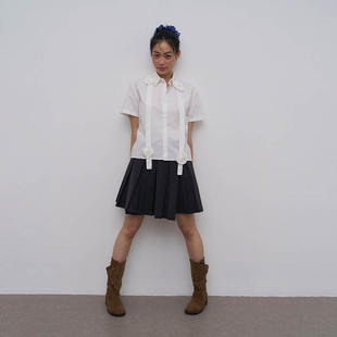 衬衫 宫廷风手工立体玫瑰花飘带白色短袖 女 复古法式 Rebornique