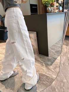 小个子显瘦直筒裤 原创设计后幅破洞白色牛仔裤 深圳南油mskin6品牌