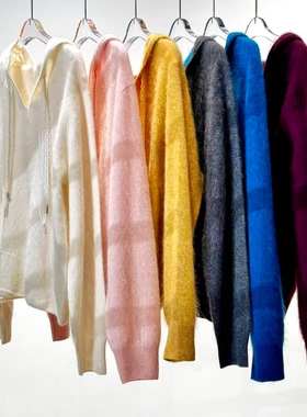 【书婷专享】冬季新款纯色连帽V领羊毛针织毛衣6625