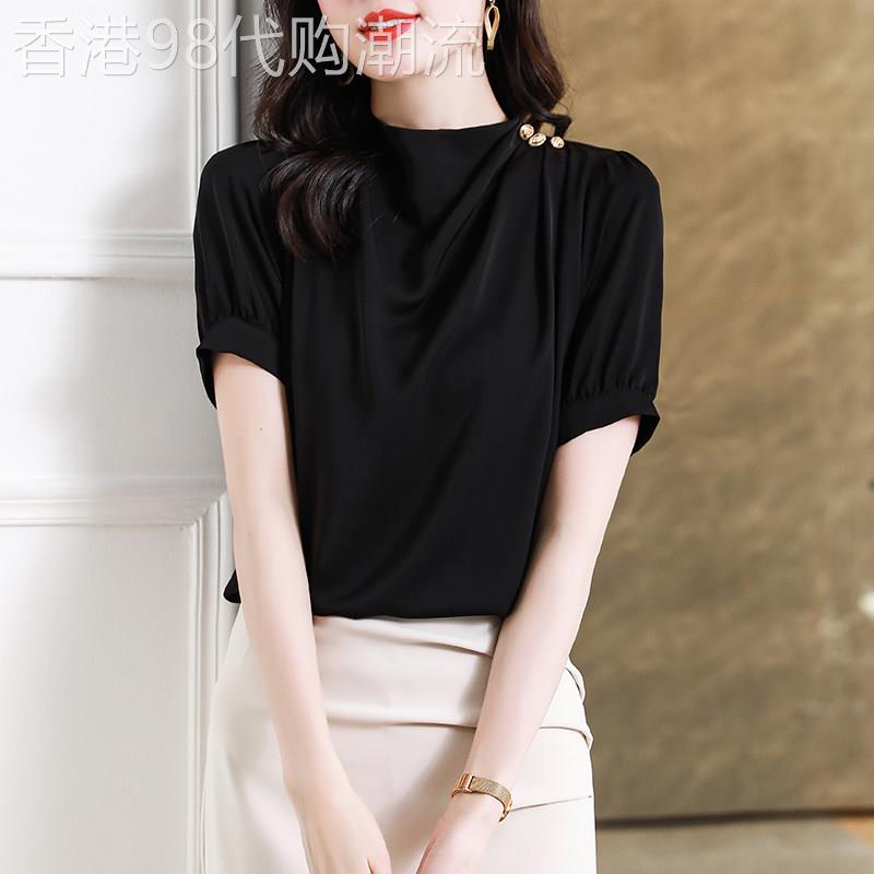 雪纺衫短袖女夏季2025新款遮肚子黑色上衣设计感时尚洋派立领衬衫