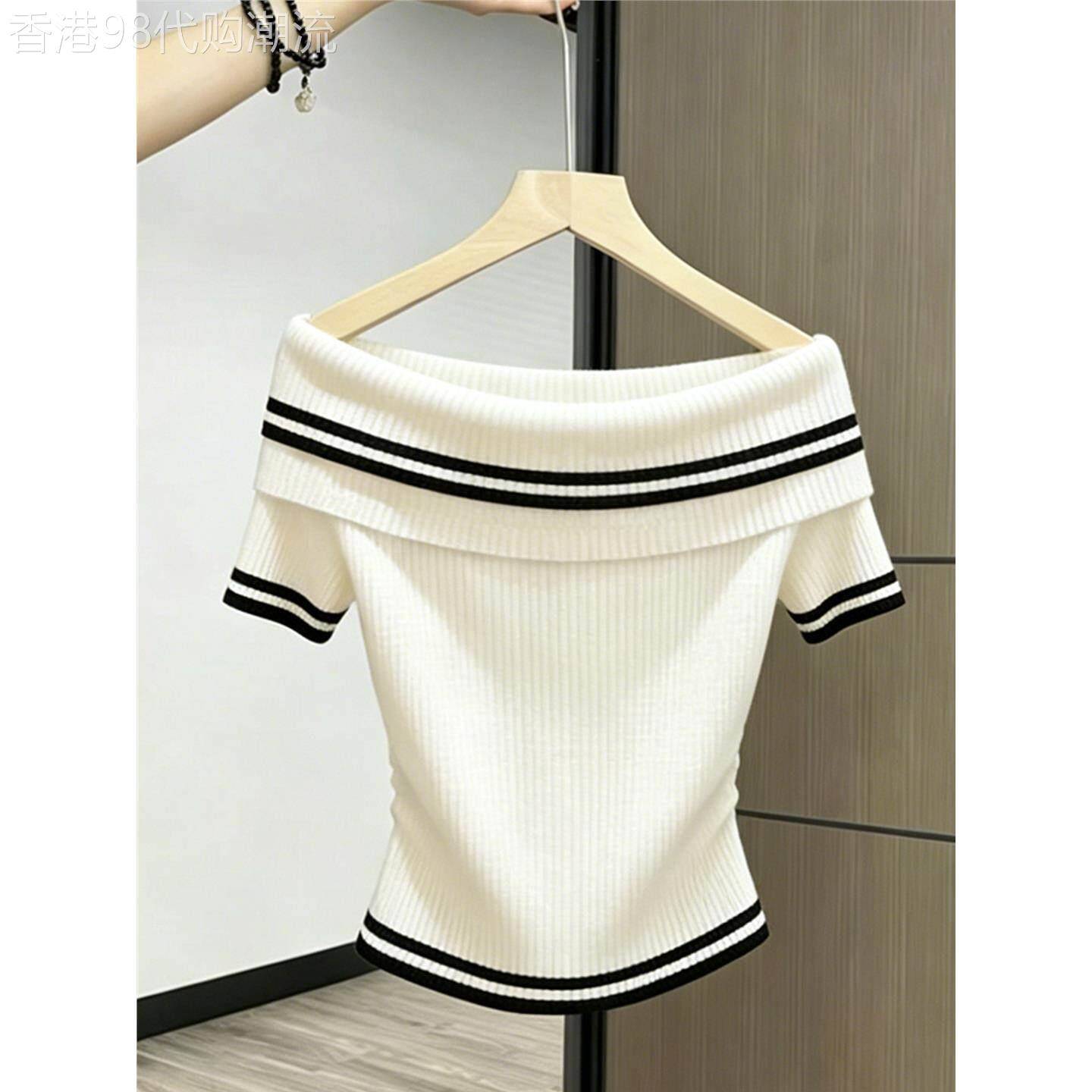 白色条纹一字肩短袖T恤女夏季韩系超好看修身显瘦洋派小衫上衣潮