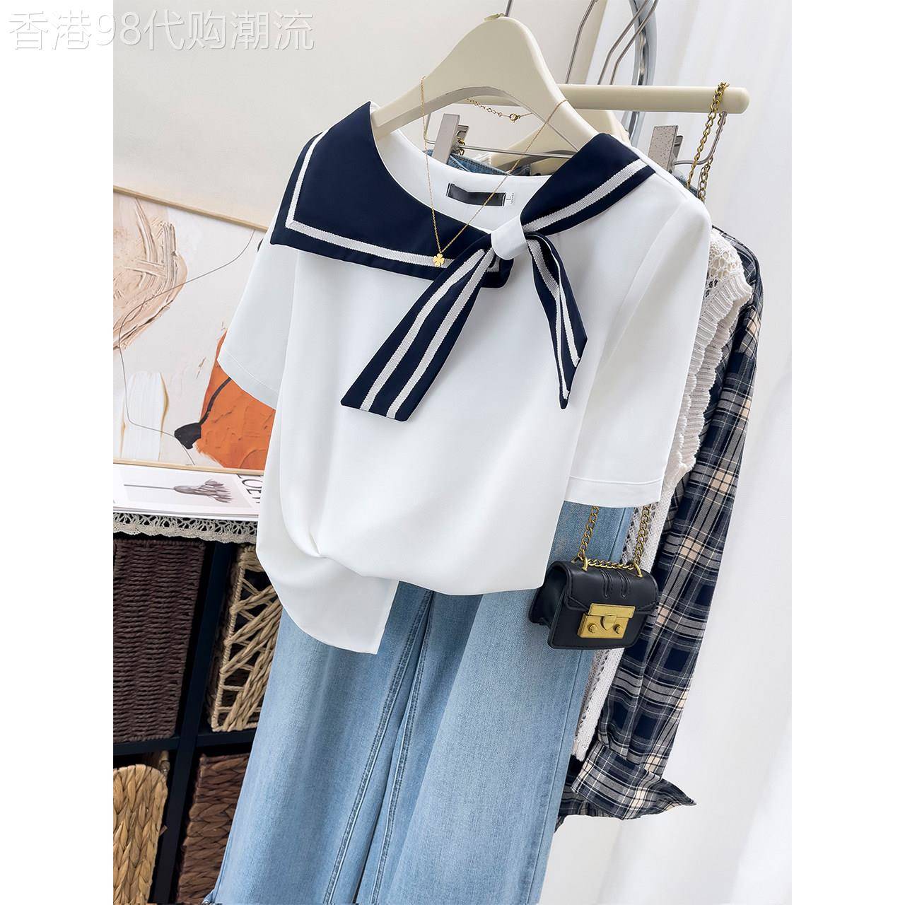 白色短袖衬衫女2026新款夏季宽松显瘦设计感蝴蝶结别致好看上衣女