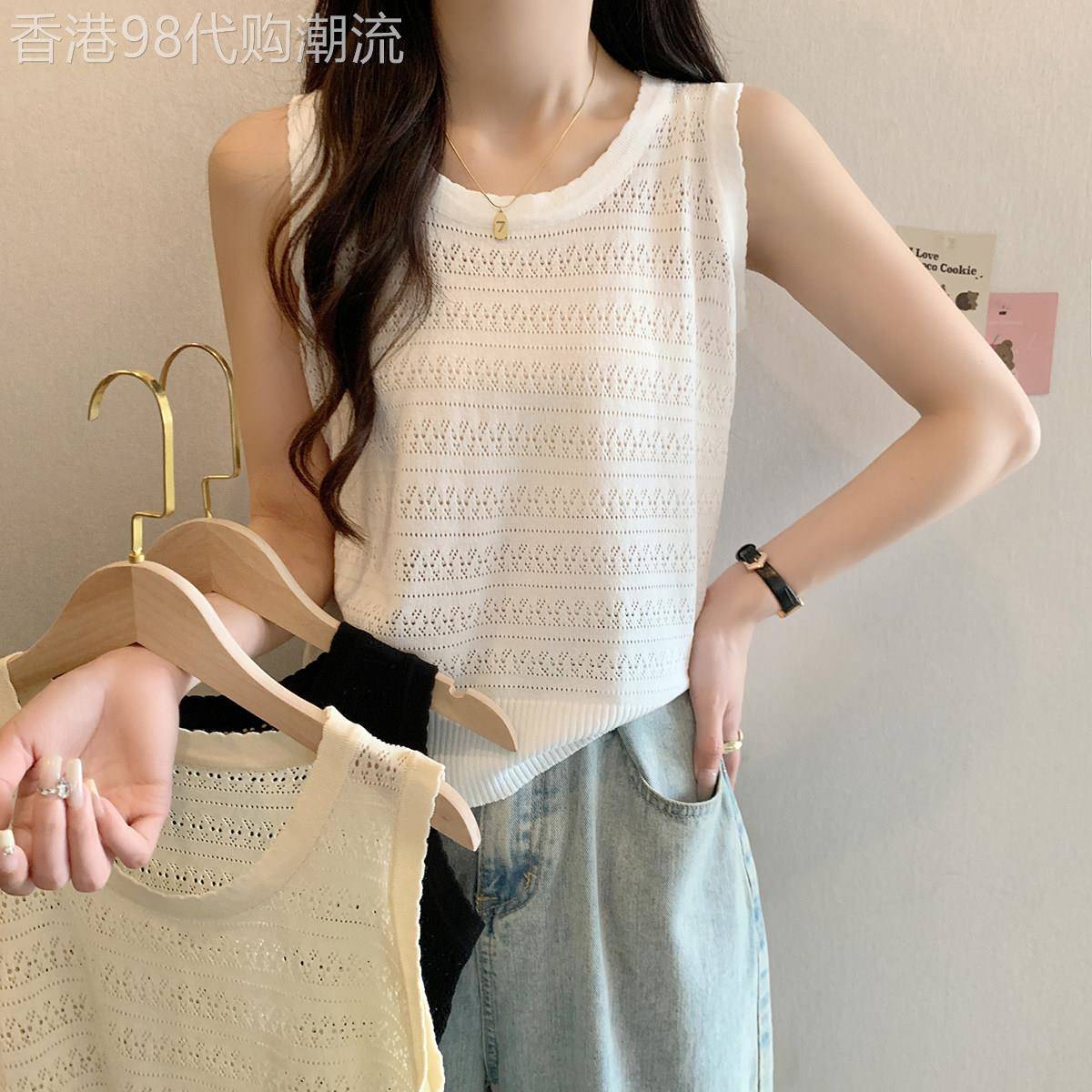 女士薄款镂空无袖针织背心2026夏季新款可外穿宽肩带吊带打底上衣图片