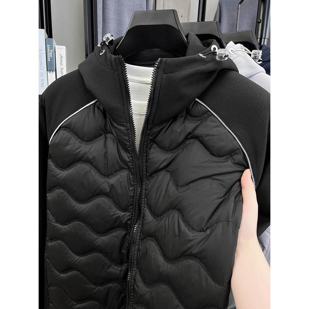 2025秋冬新款连帽拼接羽绒服男潮流运动休闲抓绒夹克加绒保暖外套