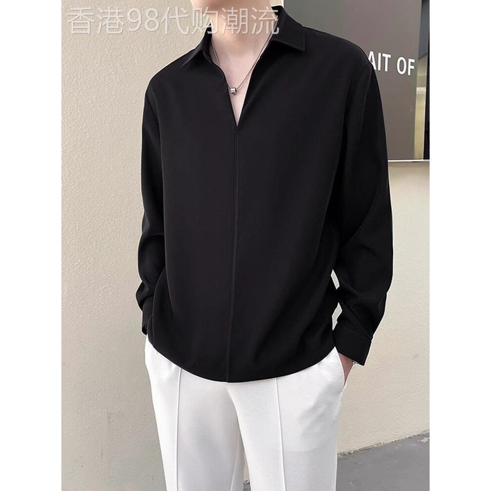 黑色衬衫男士长袖春秋季新潮品牌高档无烫V领套头衫男士休闲上衣