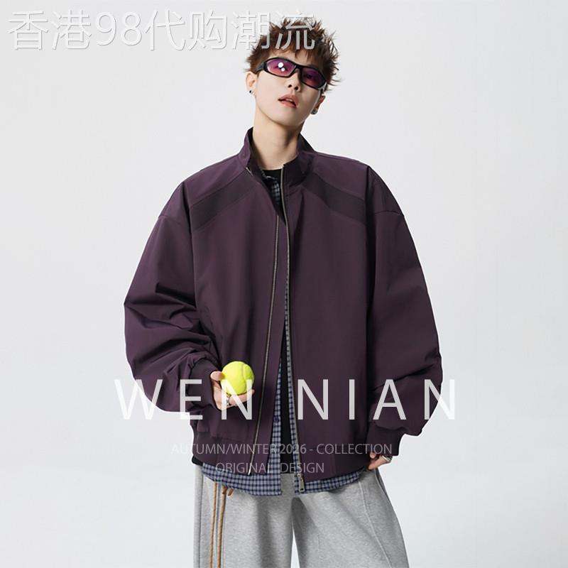 韩国WEN NIAN紫色拼接解构工装夹克男士2026春季短款宽显肩宽外套