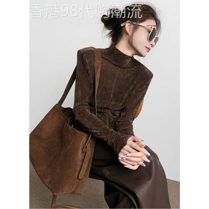 半高领丝绒打底衫女春秋2025新款高级感时尚开叉气质显瘦套头上衣