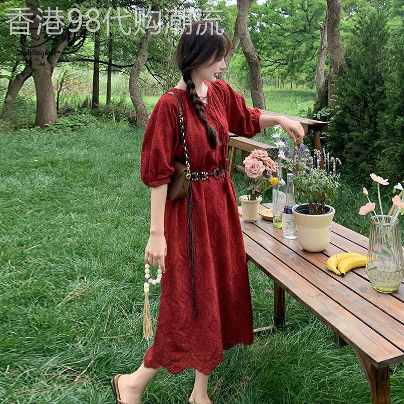 出游穿搭红色洋装女夏2026新款法式复古波米西亚民族风度假裙子