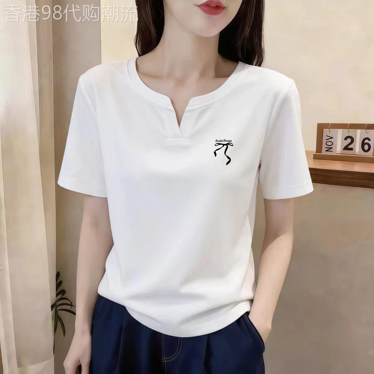 V领正肩短袖T恤女白色纯棉夏季爆款休闲简约宽松显瘦小个子上衣