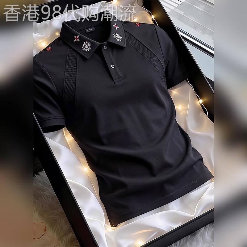 高端美式刺绣Polo衫短袖男夏季螺纹拼接正肩t恤cleanfit硬挺半袖