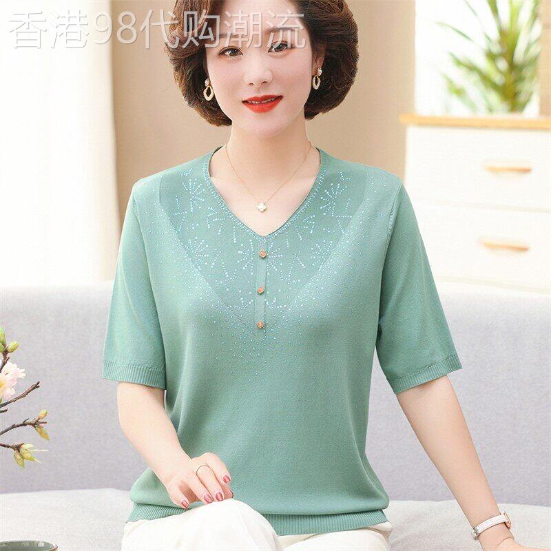 洋气减龄妈妈装宽松显瘦针织短袖t恤夏季2026新款时尚V领冰丝上衣