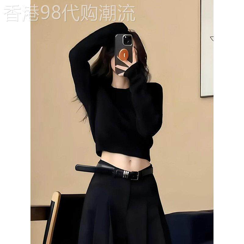 黑色圆领长袖针织毛衣女秋冬季欧货收腰露肚脐短款内搭打底衫上衣