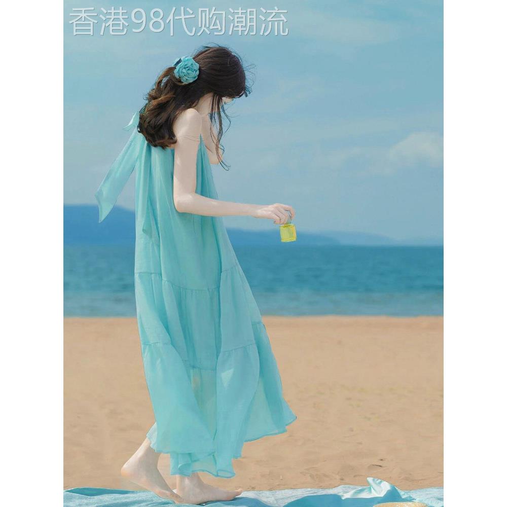 蓝色海边度假无袖连衣裙女夏季2025新款超好看独特漂亮吊带长裙子