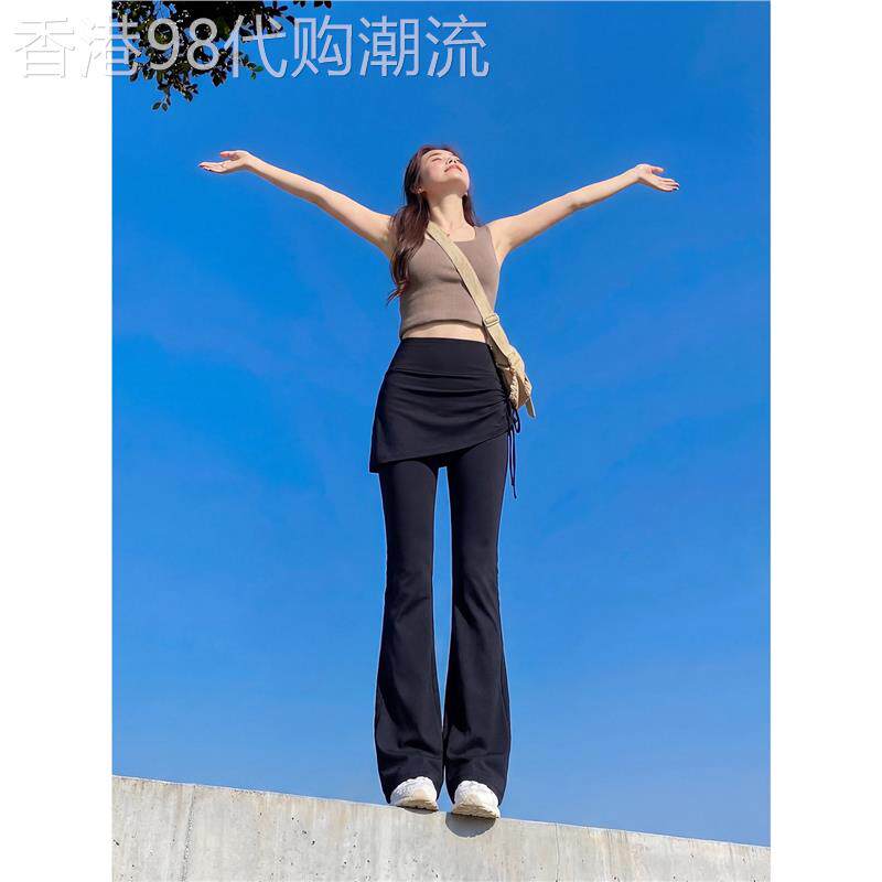 黑色屁帘假两件鲨鱼裤女外穿春秋紧身高腰打底裤裙运动微喇瑜伽裤