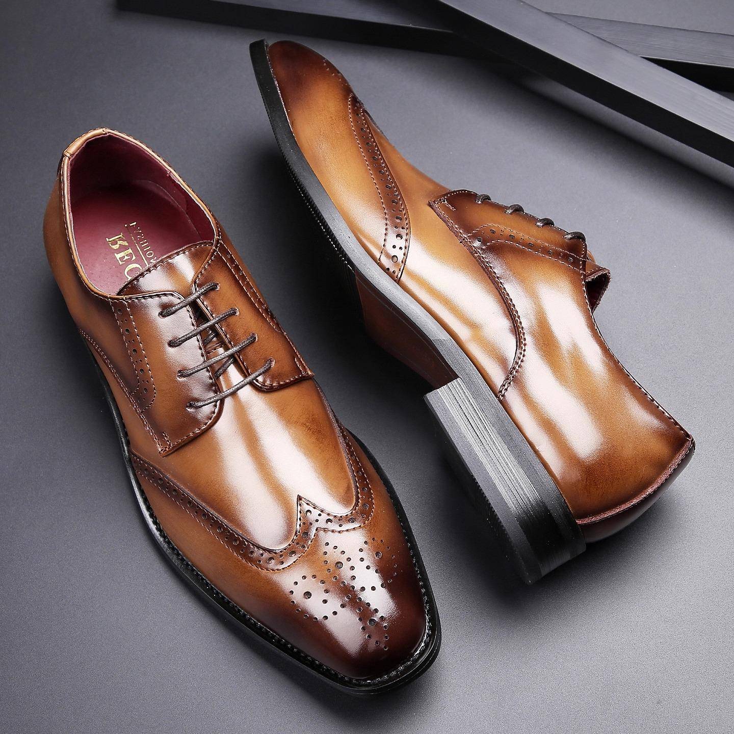 潮牌复古英伦尖头雕花布洛克皮鞋男士增高商务正装皮鞋棕色德比鞋