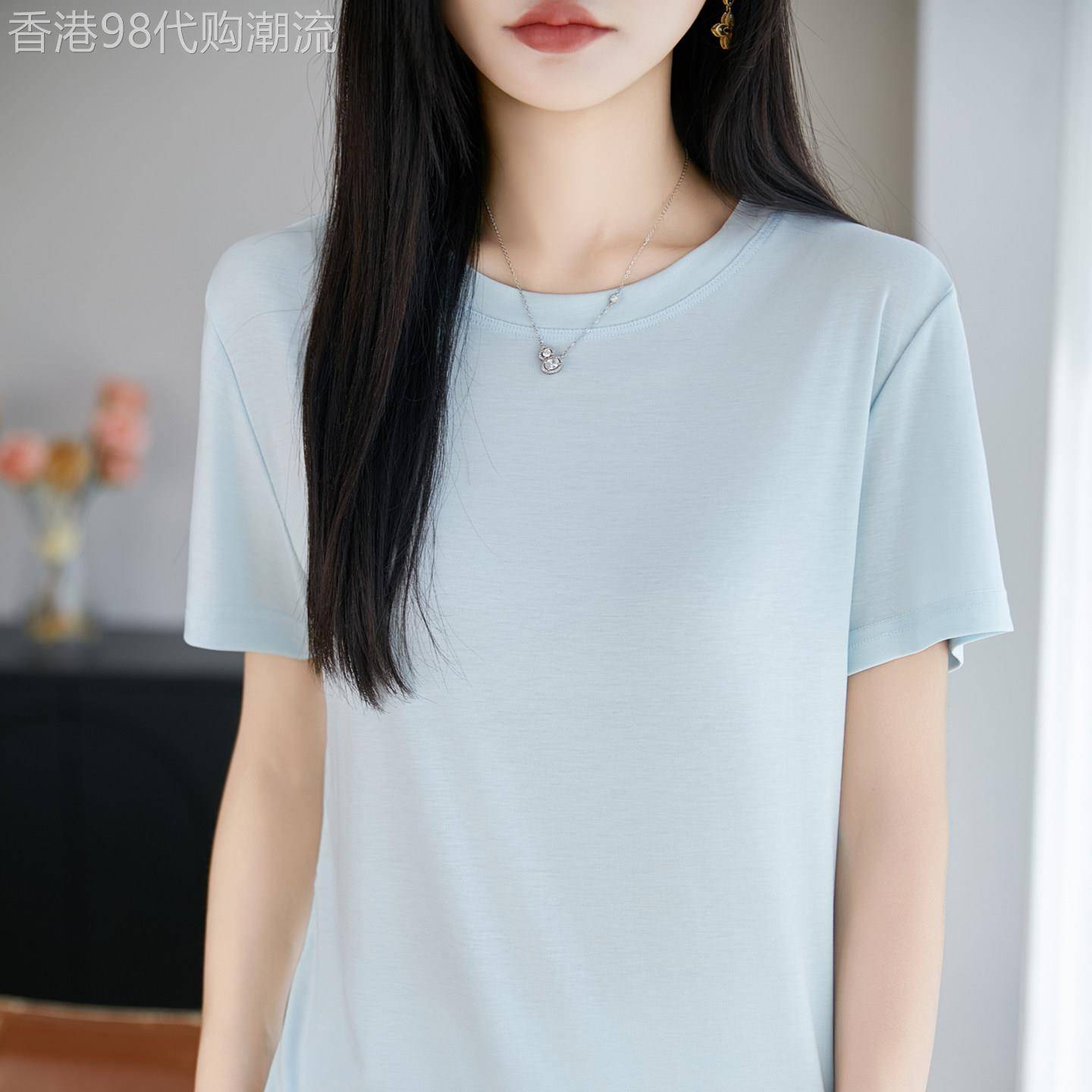 高端凉感亲肤圆领短袖T恤女夏季薄时尚休闲宽松纯色套头半袖上衣