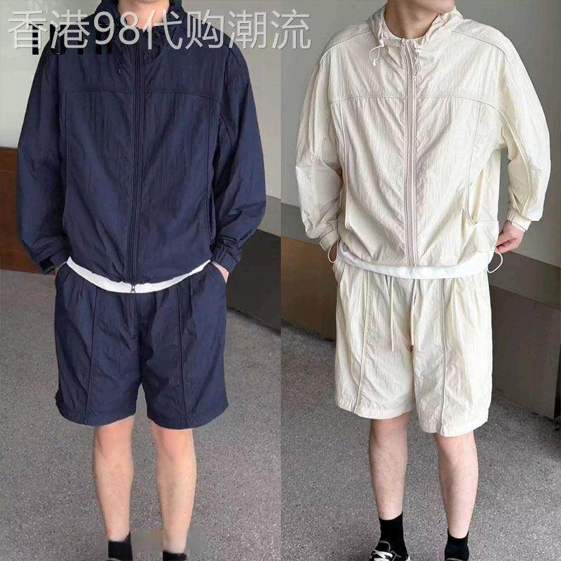 休闲运动防晒套装男士夏季薄款透气高级感时尚连帽外套短裤两件套
