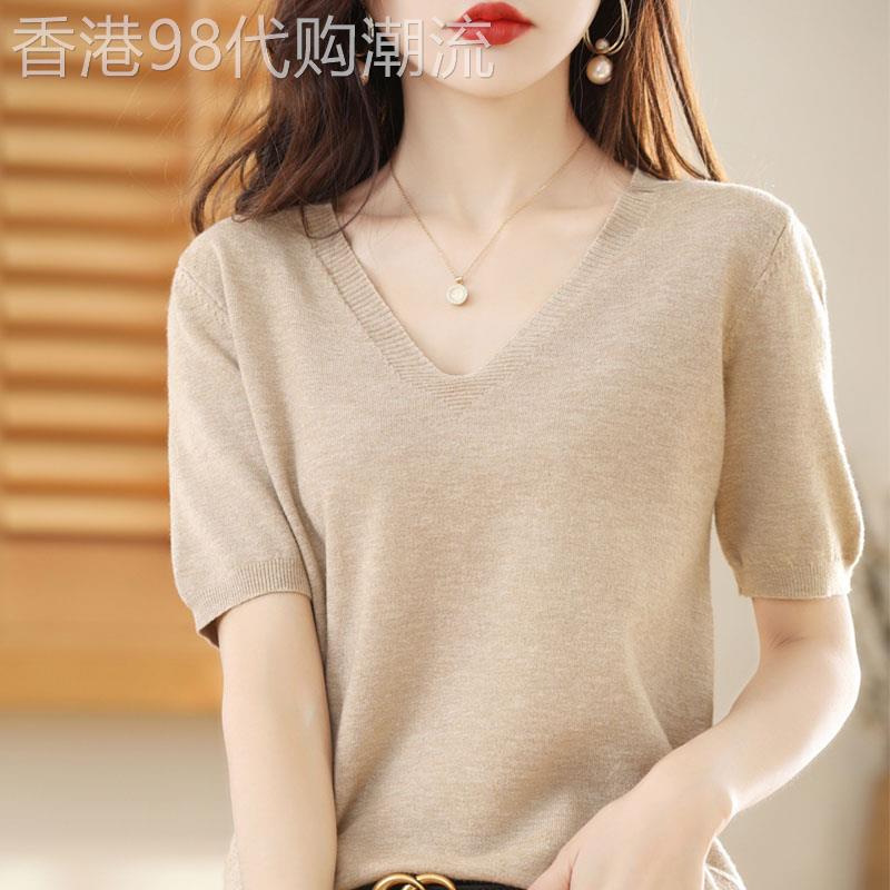 冰丝短袖t恤女夏季2026新款宽松百搭显瘦V领套头薄款半袖短款上衣