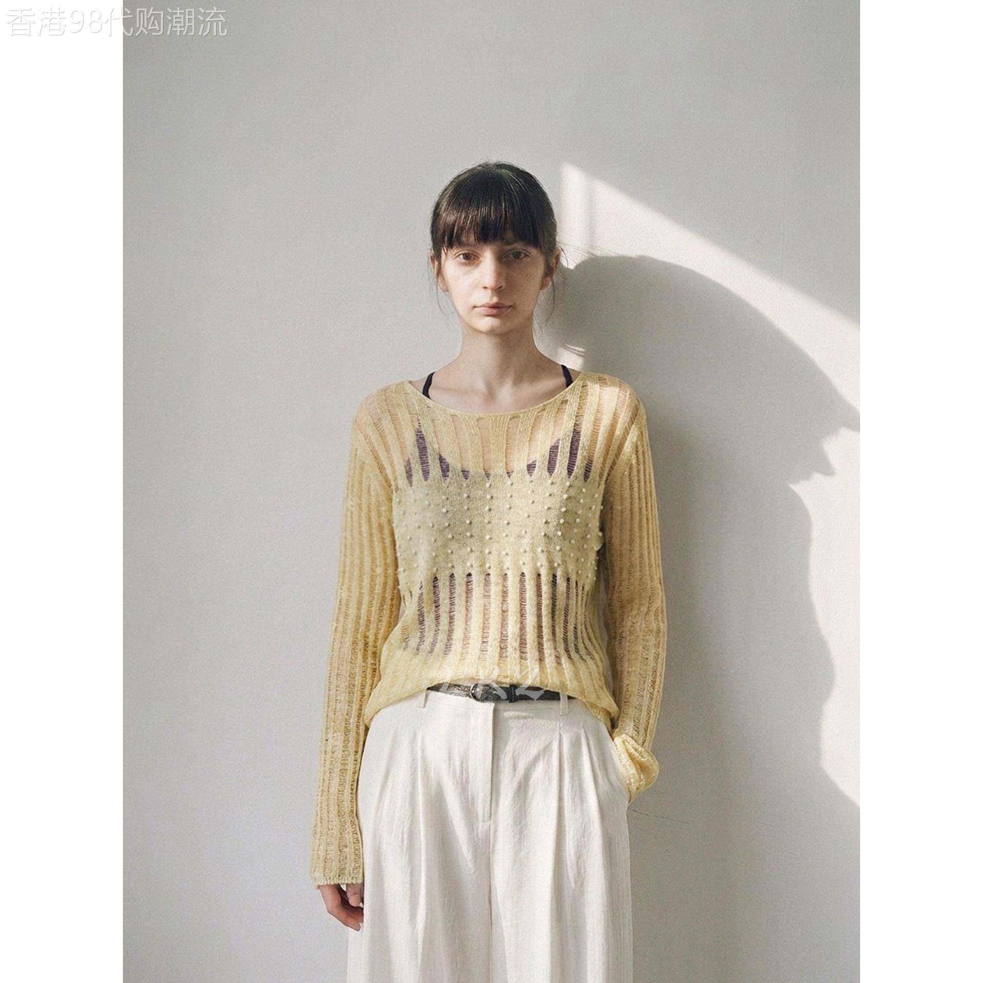 高级感竖条镂空提花珠点设计圆领淡黄色针织衫女秋季休闲长袖上衣