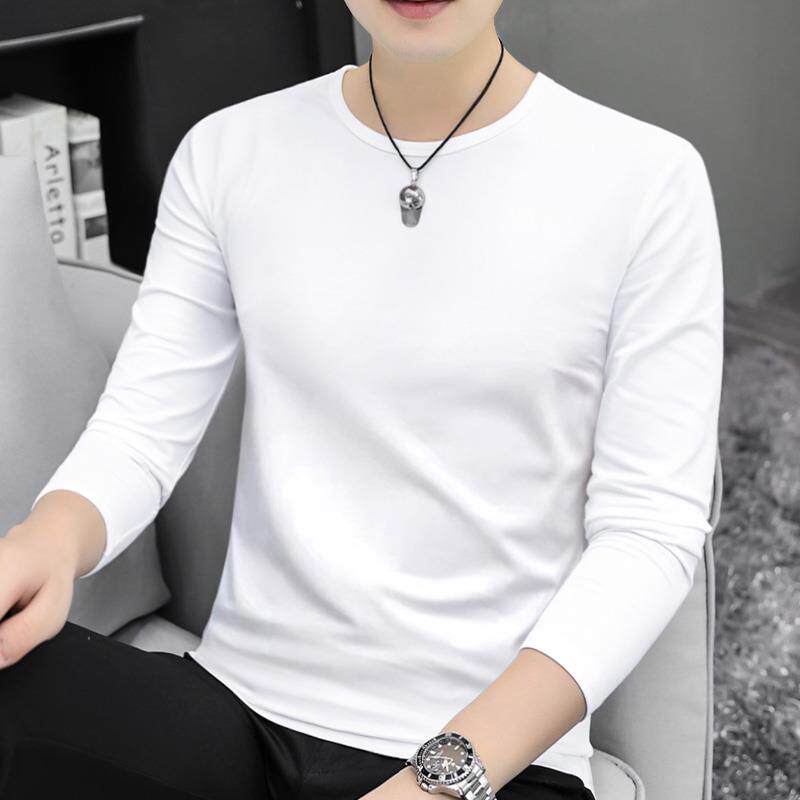2025新款品牌白色长袖T恤男纯棉圆领修身内搭简约薄款男士打底衫