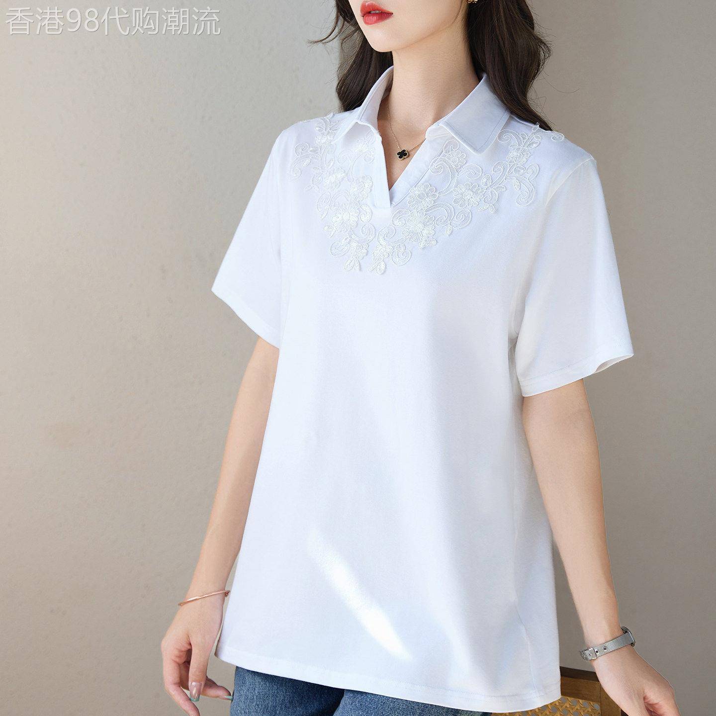 娃娃领重工刺绣短袖t恤女夏季新款百搭宽松显瘦遮肚减龄洋派上衣