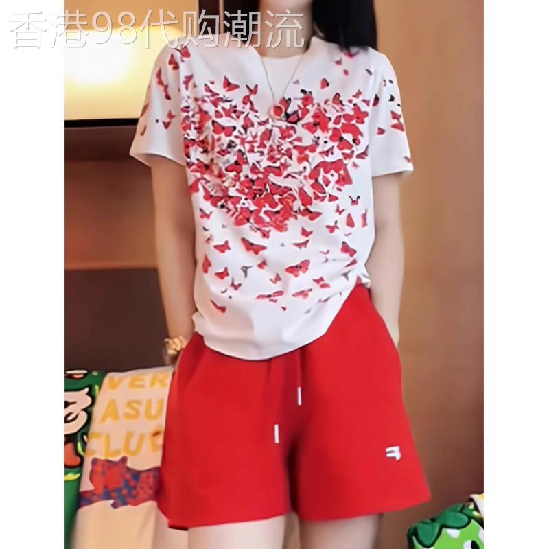 韩版休闲两件式女2026夏季新款欧货蝴蝶印花短袖T恤红色短裤套装