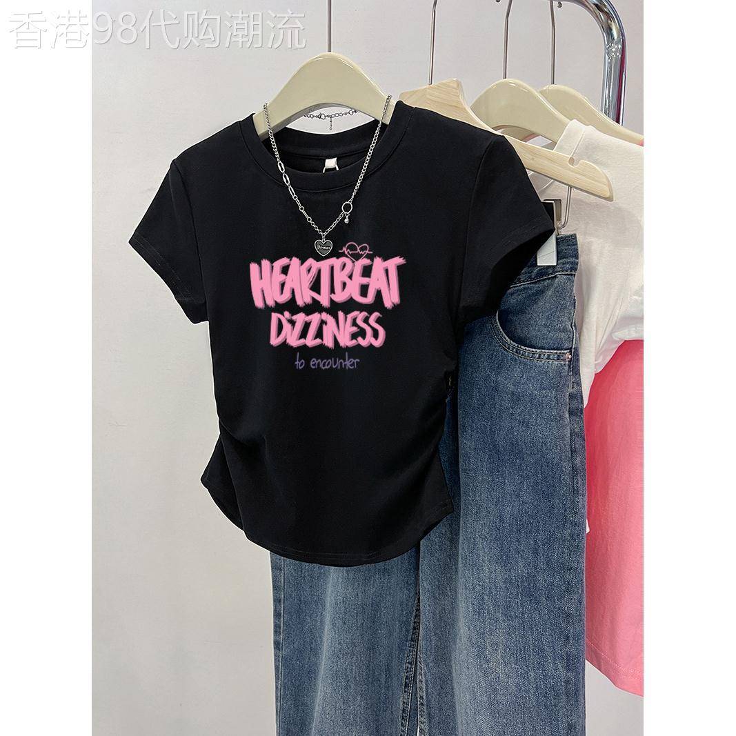 纯棉黑色字母正肩短袖t恤女夏季2026新款设计感修身收腰短款上衣