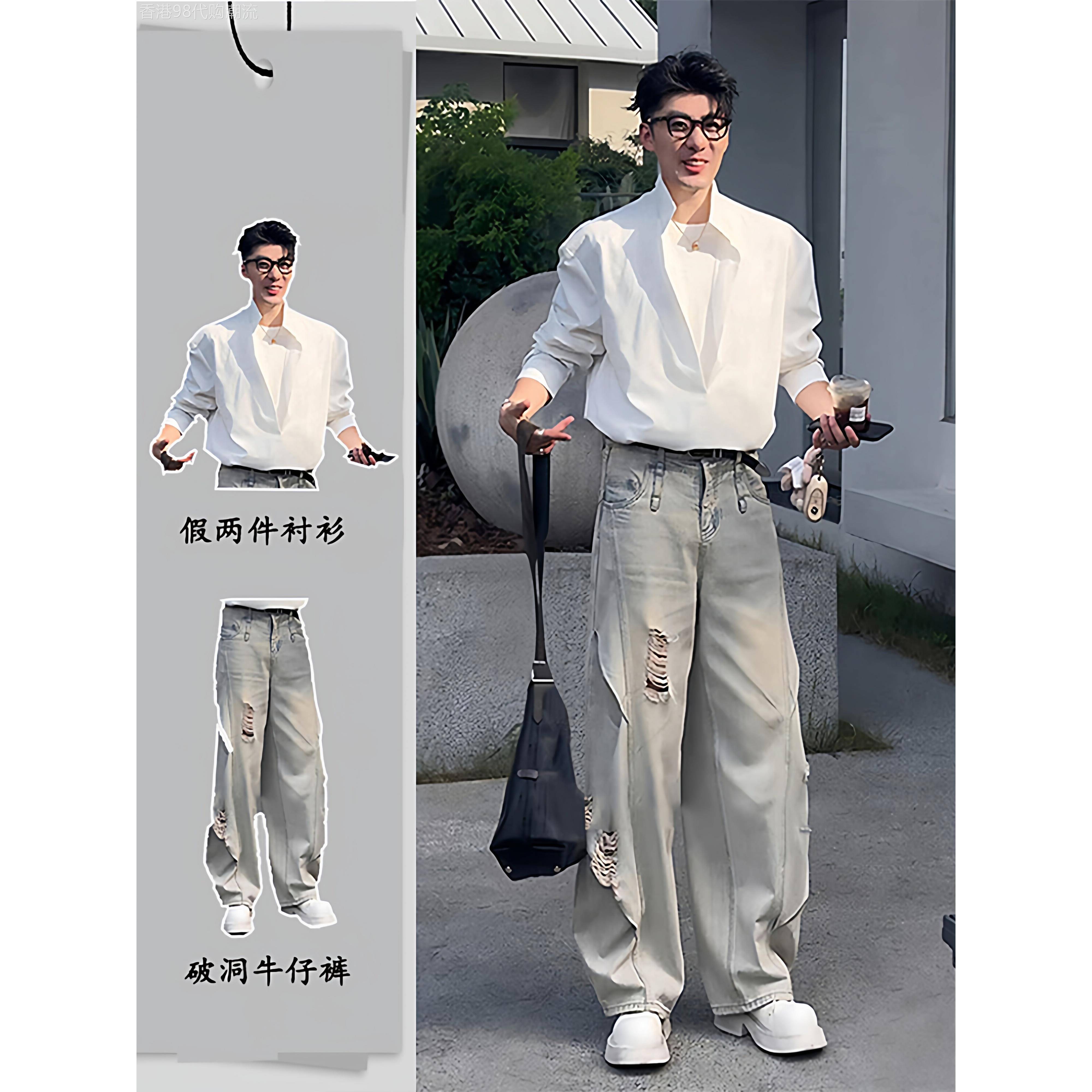 休闲套装男士春秋季2025新款高级感痞帅假两件立领衬衫外套两件套
