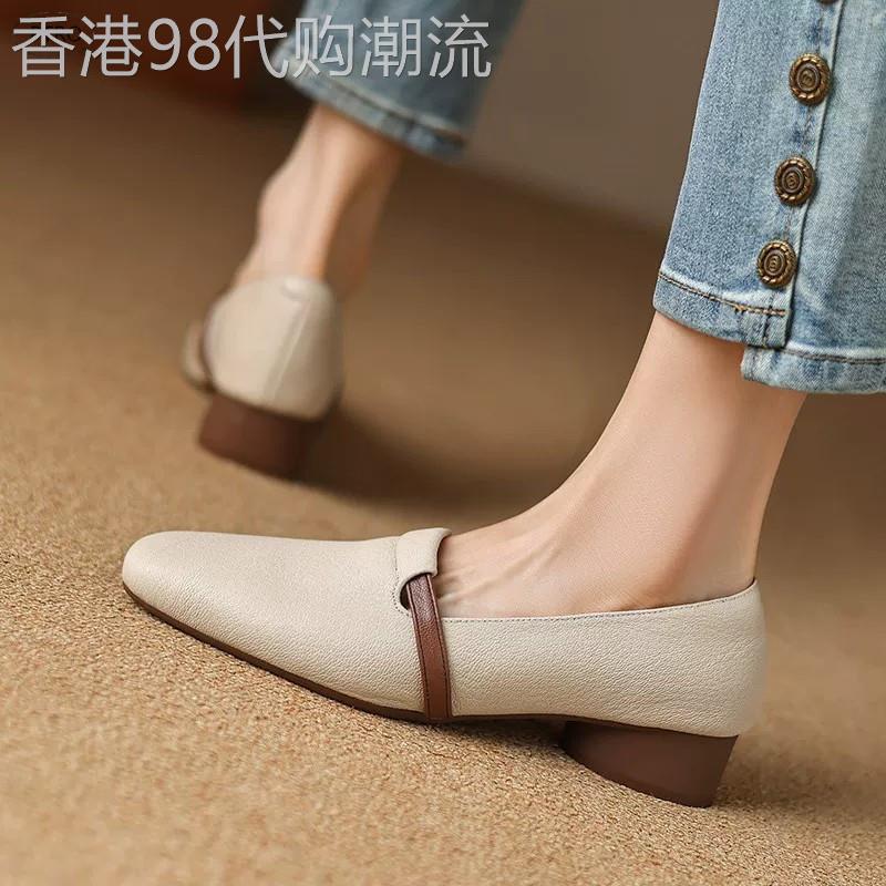 真皮方头乐福鞋女2026新款英伦风软底低跟小皮鞋单鞋厚底粗跟瓢鞋