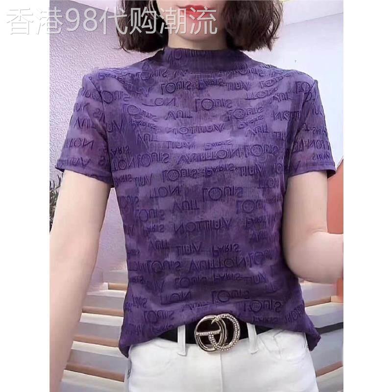 韩国立领网纱打底衫女短袖t恤夏装新款高端洋气印花弹力显瘦上衣