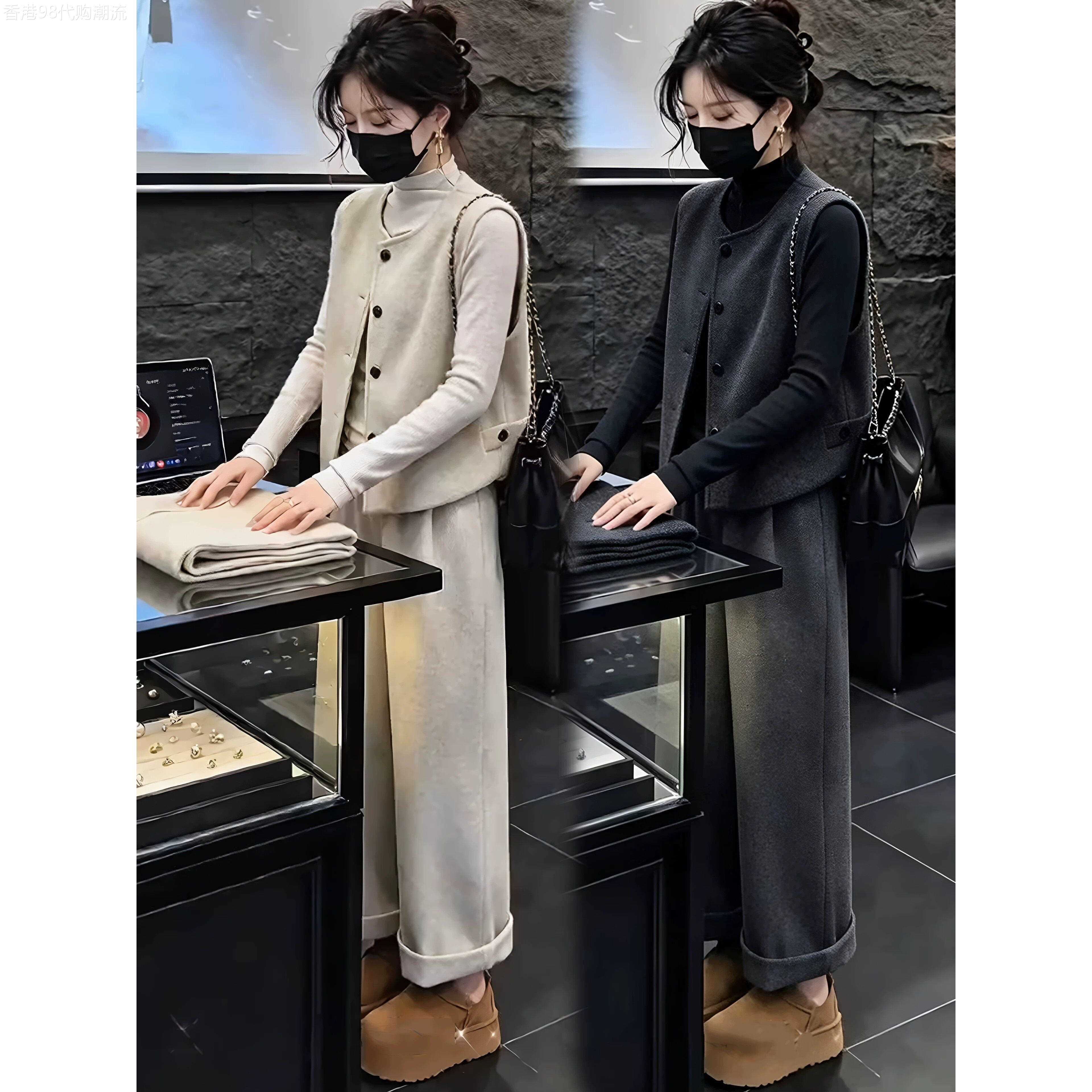 正品2026秋冬时尚套装女士显瘦毛呢马甲半高领打底衫阔腿裤三件套