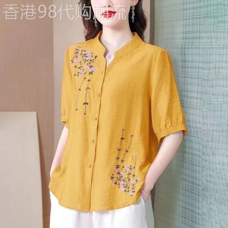 夏季国风刺绣中袖棉麻上衣女士2026新款休闲衬衫妈妈装显瘦小衫