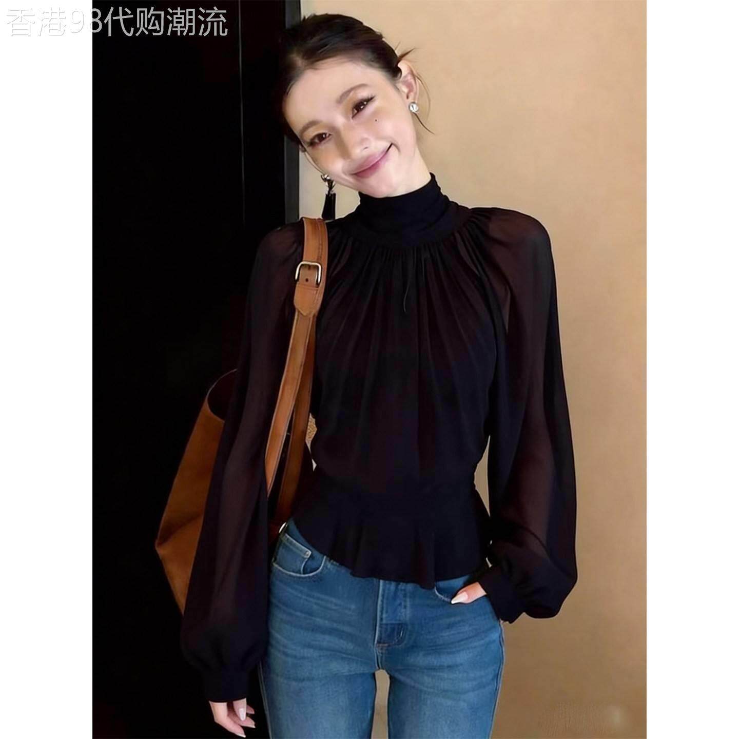 法式半高领褶皱衬衫女2026新款长袖设计感小众高级感薄款休闲上衣