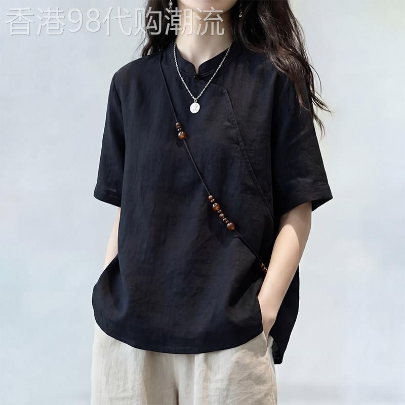 黑色短袖衬衫女2026新款夏季中式风宽松显瘦高级感轻奢减龄上衣女