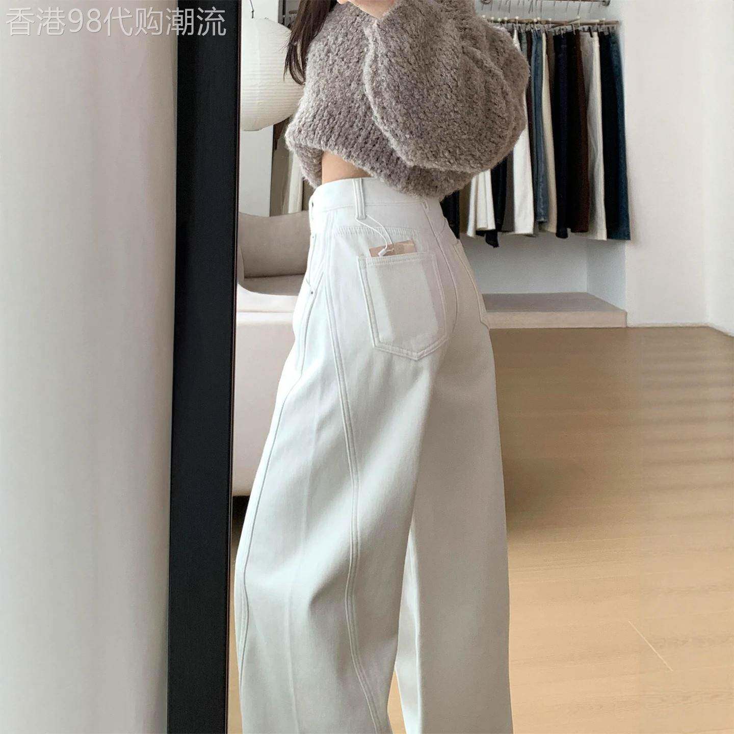 白色阔腿牛仔裤女春秋2026新款高腰宽松显瘦百搭加绒大码直筒长裤