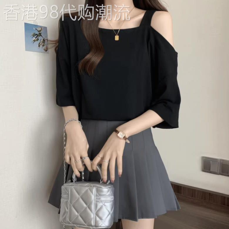 大尺码女装遮肚子设计感露肩短袖t恤女夏季胖妹妹宽松显瘦白色上