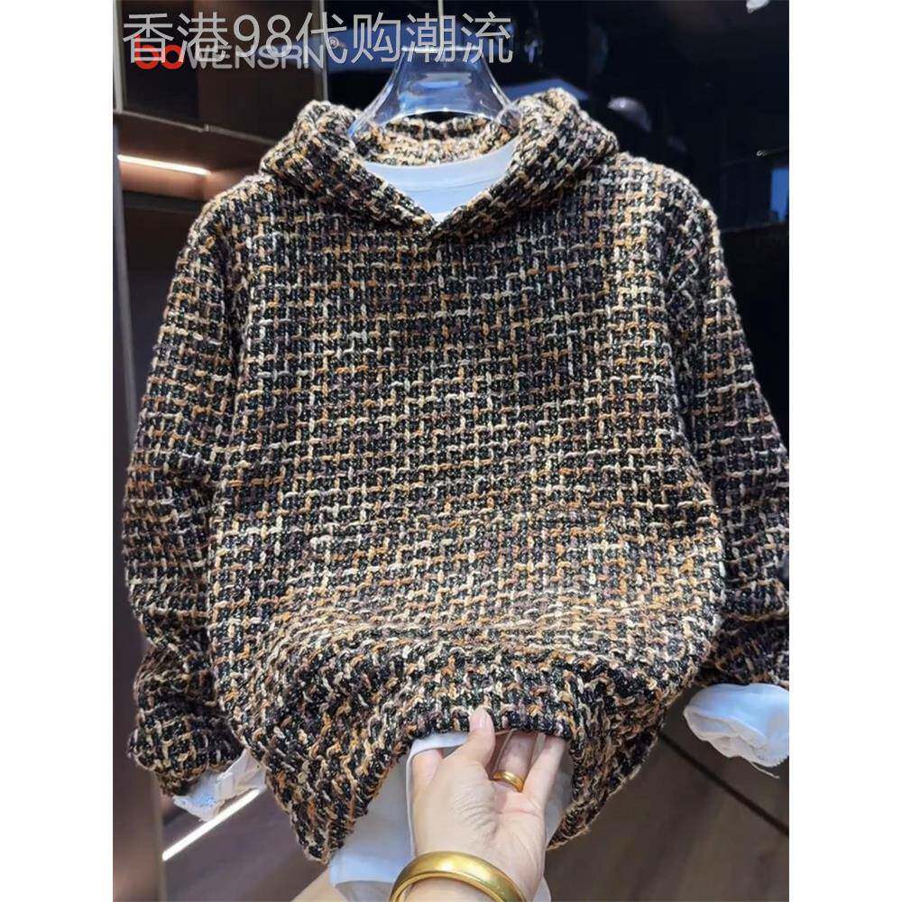 潮牌小香风编织连帽卫衣男士2025新款春秋冬季覆古针织衫外套男款