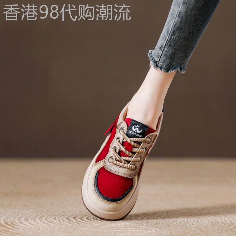 西班牙小众Brandongysl真皮覆古红色运动鞋女士厚底加强色匹配运
