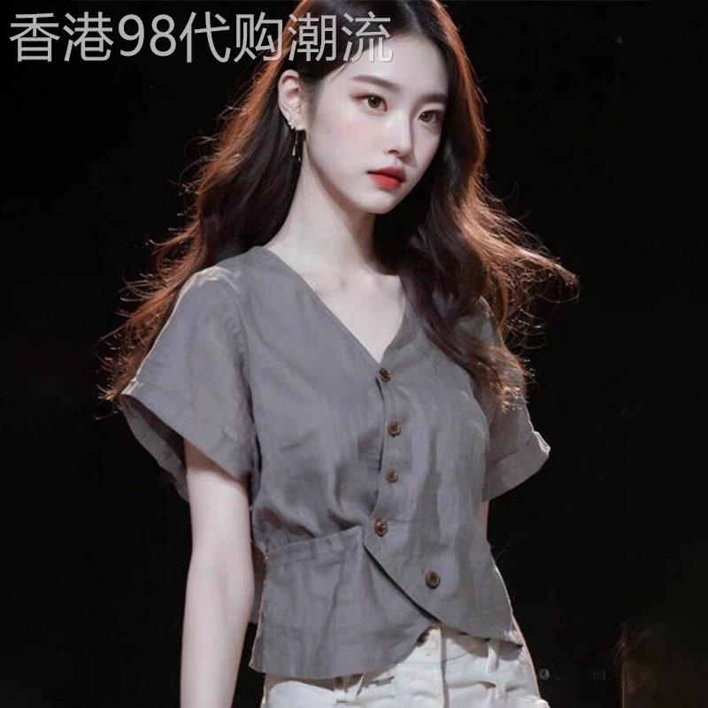 潮牌法式奢V领雪纺短袖衬衫女士夏季设计感小众别致小衫短款上衣