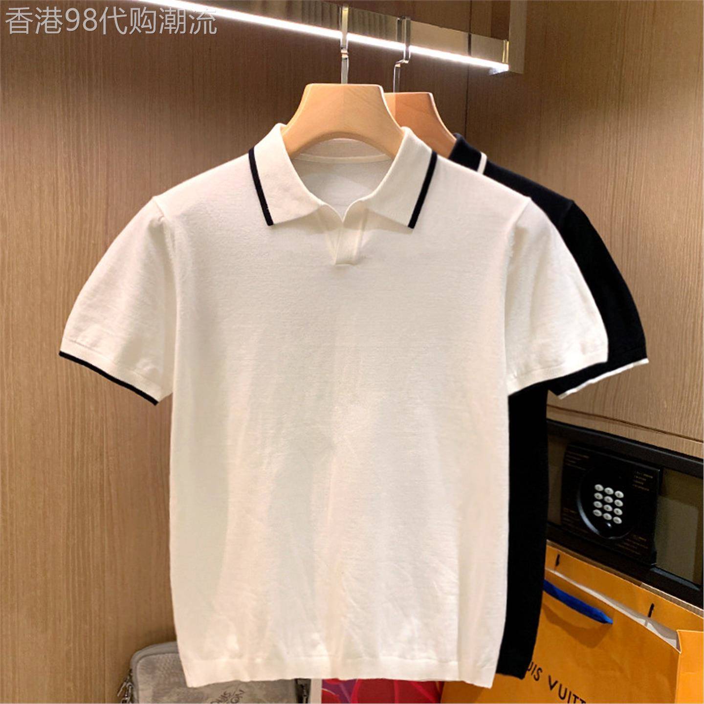 夏季新款轻奢海鸥领polo衫韩版休闲白色针织上衣翻领t恤男士短袖